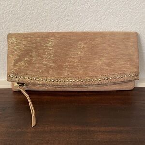 HOBO gold l/tan leather clutch magnetic clasp fold over cards slots studs
